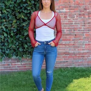 Red Mesh Long Sleeve Shrug